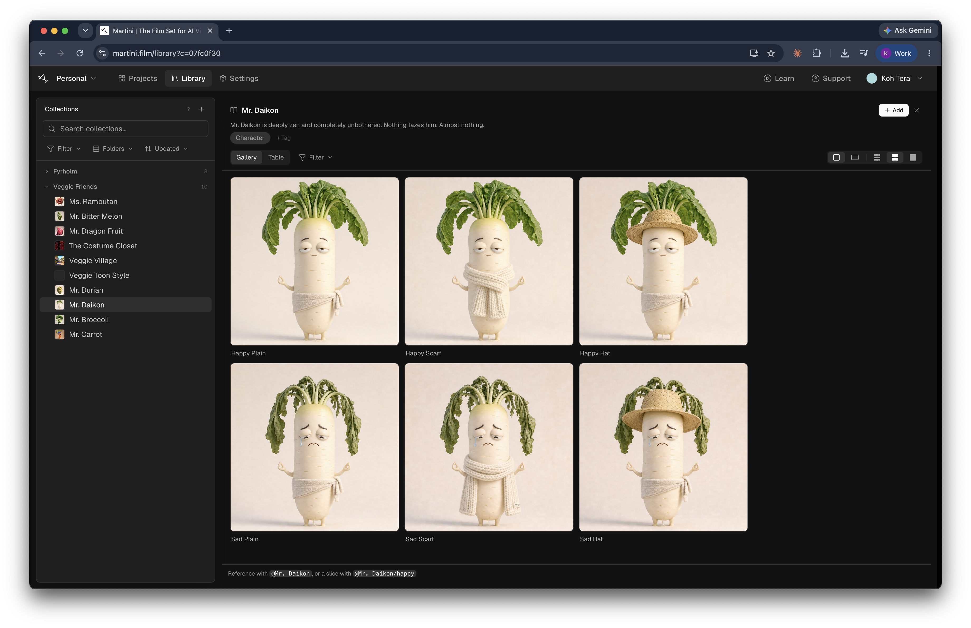 The library page with the Veggie Friends folder and the Mr. Daikon collection open in Gallery view