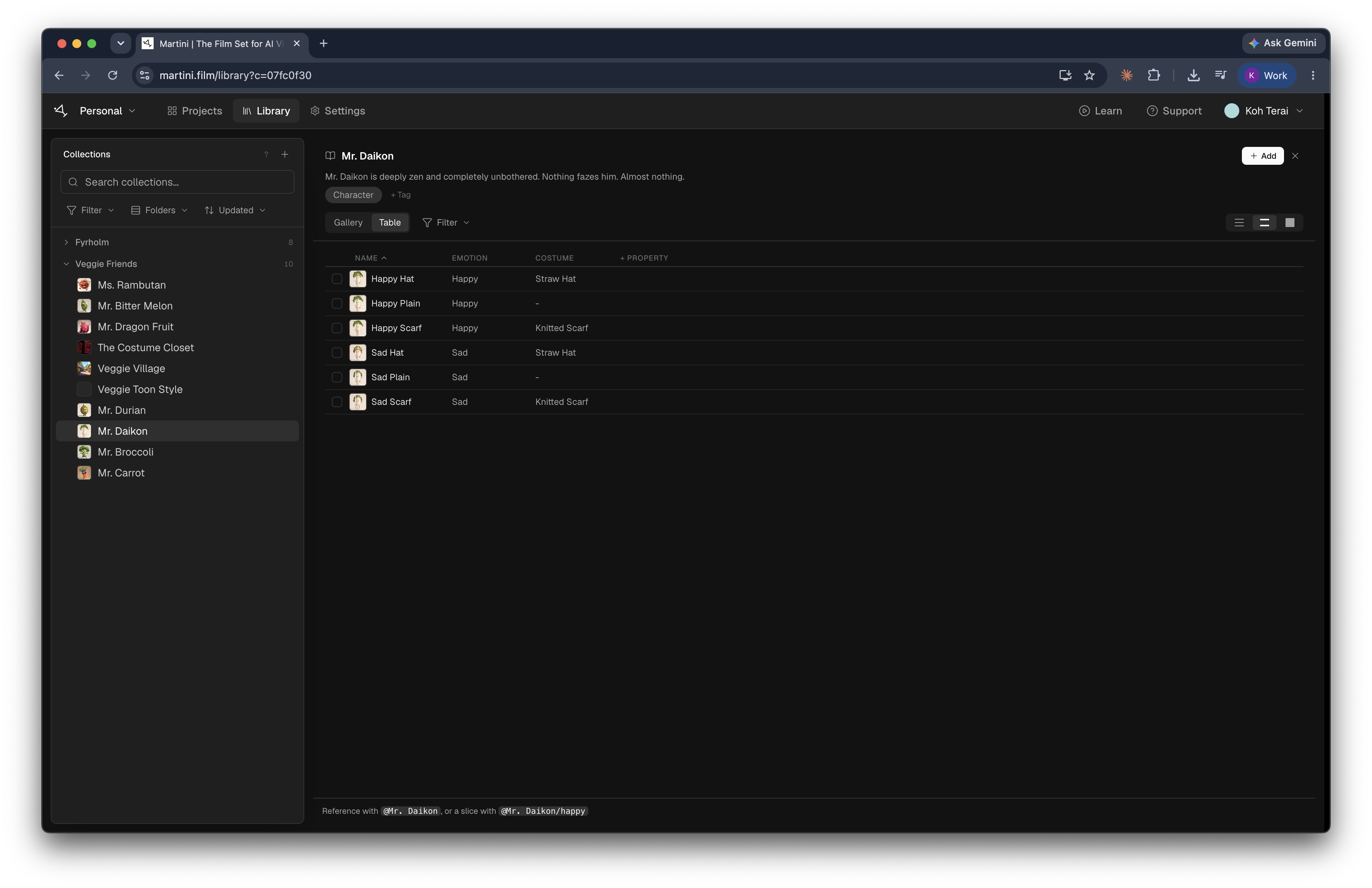The same collection in Table view, with emotion and costume properties on each asset