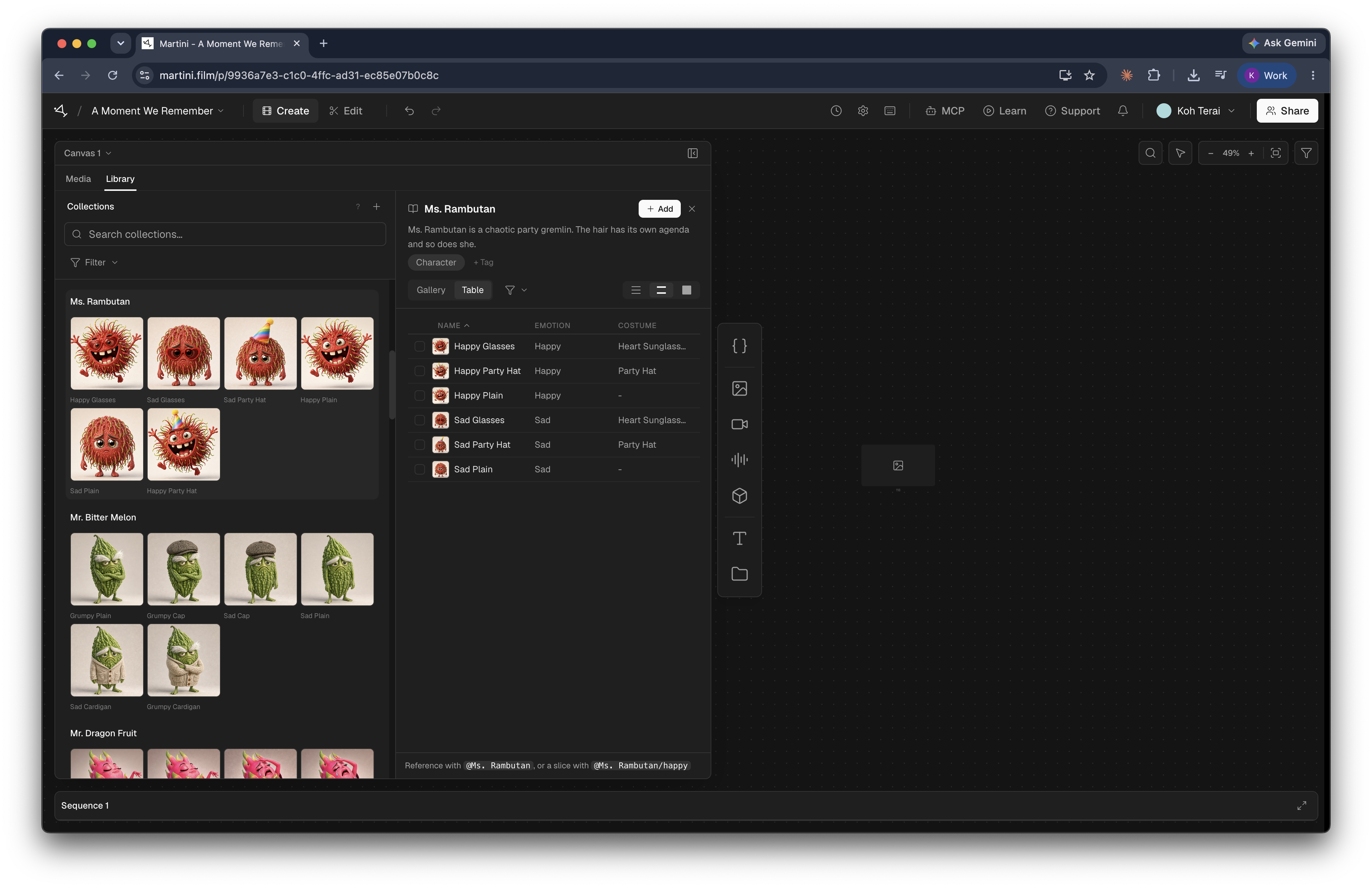 The Library tab open inside a project, showing the Ms. Rambutan collection next to the canvas